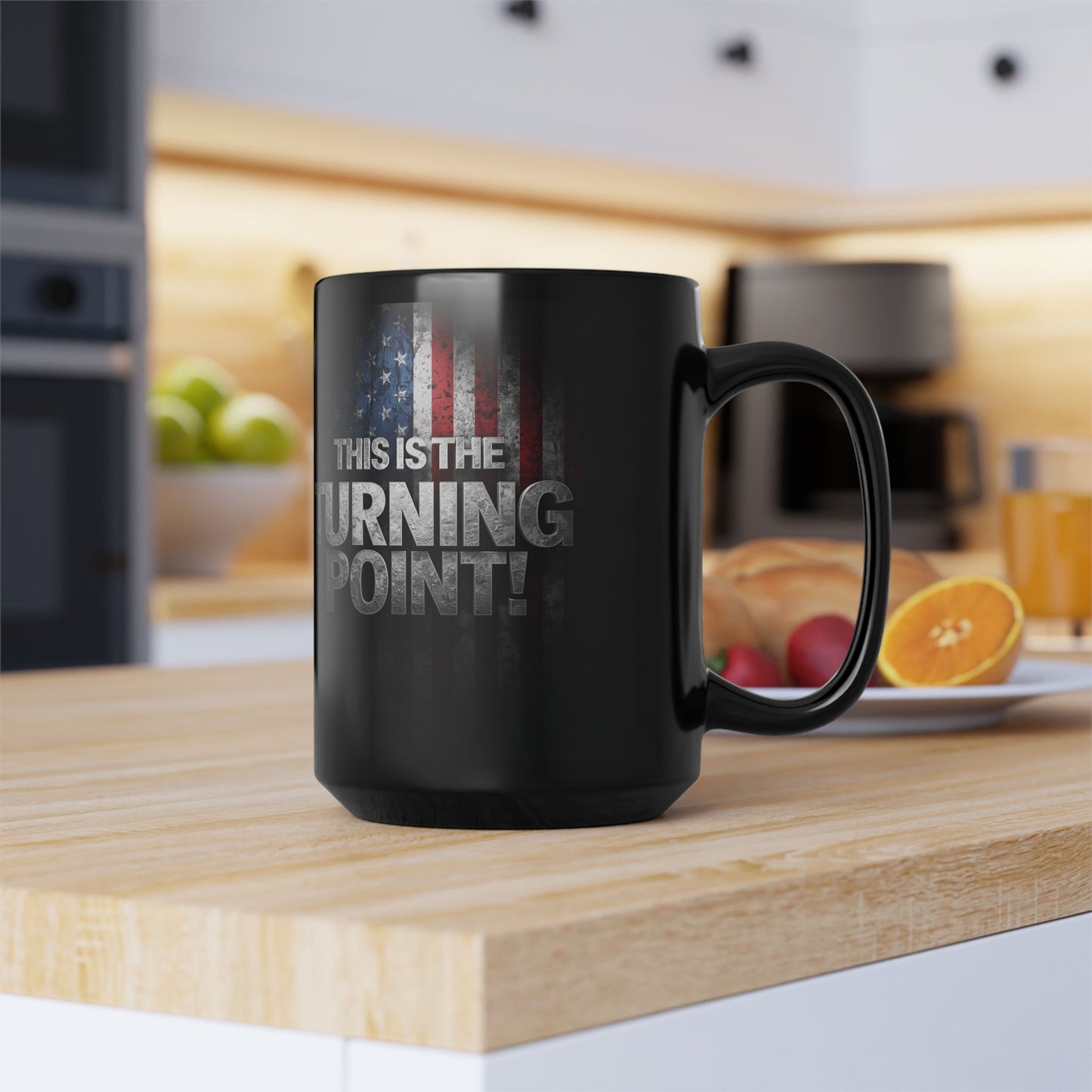 Charlie Kirk - This Is The Turning Point! - American Flag Backdrop - Sleek Black Ceramic Mug - 11oz - 15oz