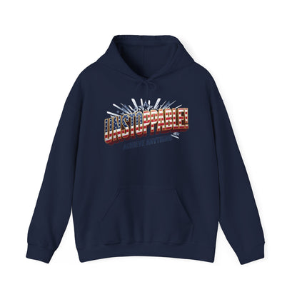 A navy blue pullover hoodie with a graphic on the chest that reads 'UNSTOPPABLE!' in a 3D metallic effect with red, white, and blue tones, and the phrase 'ACHIEVE ANYTHING' underneath. The hoodie is shown against a plain white background.