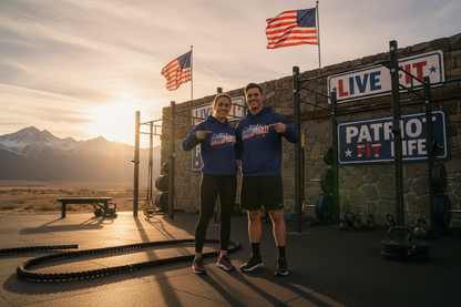 A man and a woman are standing outdoors in front of a stone fitness building at sunset, wearing matching navy blue UNSTOPPABLE! text hoodies and posing with American flags and gym equipment.