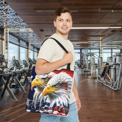 🇺🇸 Patriotic 🇺🇸 USA 🇺🇸 Bald Eagles 🇺🇸 Tote Bag 🇺🇸 All Over Print 🇺🇸 American Flag Design 🇺🇸 Five Different Handle Colors 🇺🇸 Red 🇺🇸 Navy 🇺🇸 Black 🇺🇸 Beige 🇺🇸 White