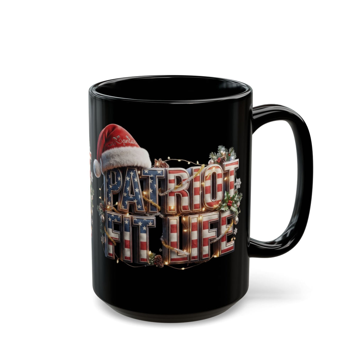 A black ceramic mug featuring a festive 'PATRIOT FIT LIFE' graphic with an American flag pattern, holiday lights, and a red Santa hat, shown against a white background.