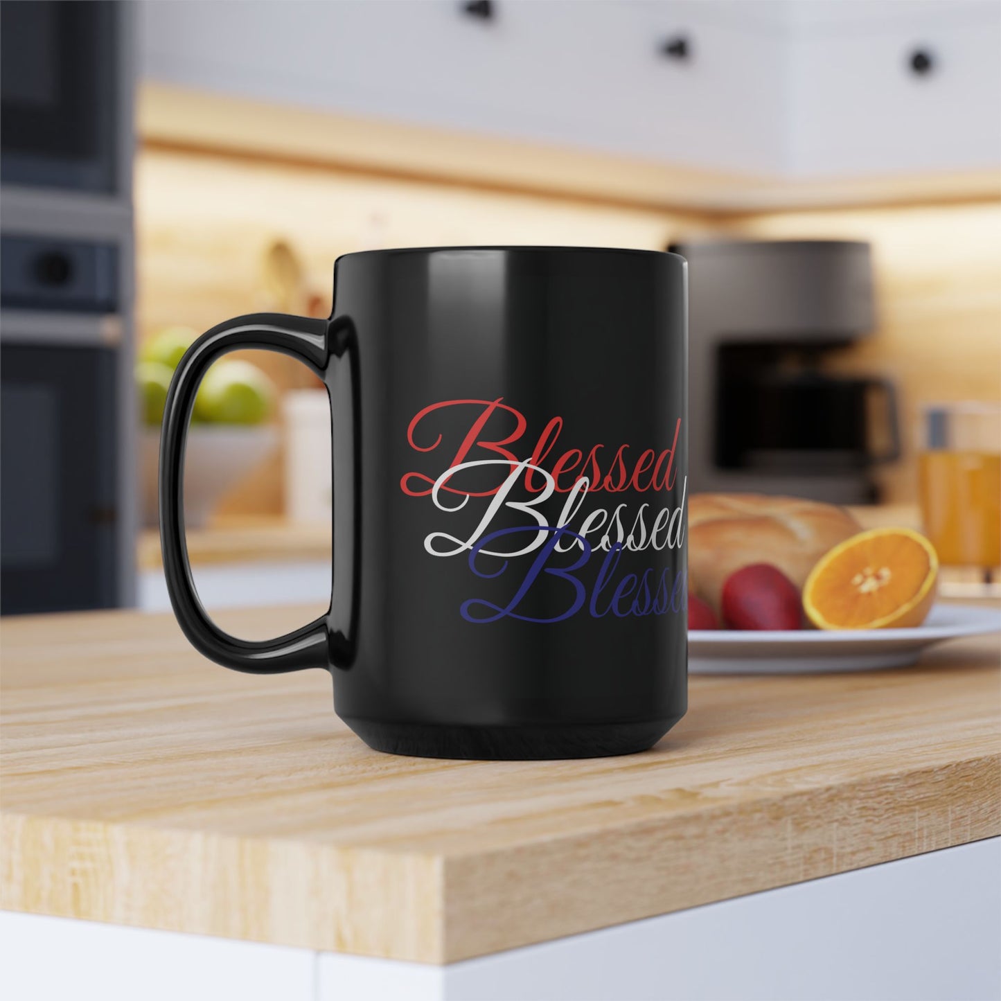 Ceramic Black Mug -  11oz - 15oz - Blessed Red White & Blue Print - American Flag Colors - Ideal for Veterans Day and Independence Day