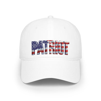 A white baseball cap featuring the word 'PATRIOT' embroidered across the front in an American flag pattern with red and white stripes and white stars on a blue field.