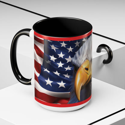 Patriotic Bald Eagle Coffee Mug - American Flag Accent - 11oz/15oz - Multiple Colors