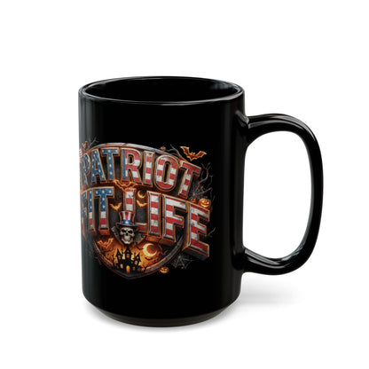 Patriot Fit Life Halloween Black Coffee Mug - Skull Crest Haunted Flag Graphic | 11oz & 15oz