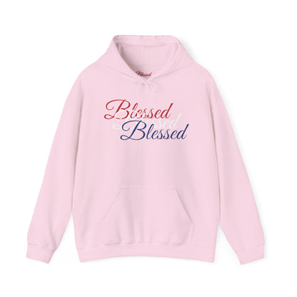 Blessed Hoodie – Patriotic Red, White & Blue Unisex Pullover Sweatshirt with Front & Back Print – Cozy, Positive Vibes Gift