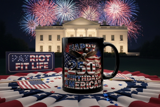 Happy 250th Birthday America Mug | 1776-2026 Patriotic Eagle Flag & Fireworks Black Coffee Cup