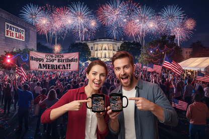 Happy 250th Birthday America Mug | 1776-2026 Patriotic Eagle Flag & Fireworks Black Coffee Cup