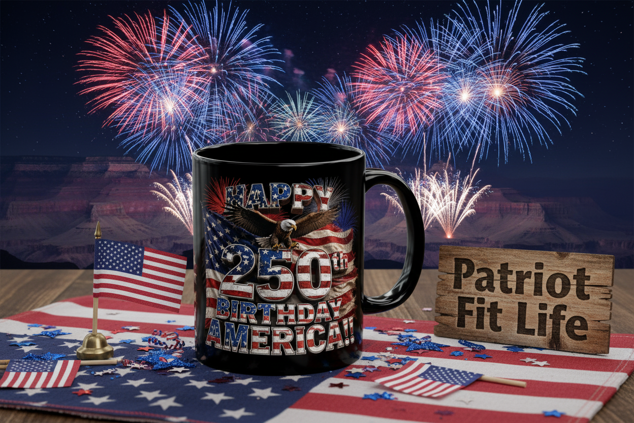 Happy 250th Birthday America Mug | 1776-2026 Patriotic Eagle Flag & Fireworks Black Coffee Cup