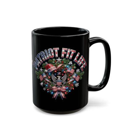 Patriot Fit Life Christmas Coffee Mug - Eagle Wreath with Flags, Lights & Stars Bow | 11oz & 15oz
