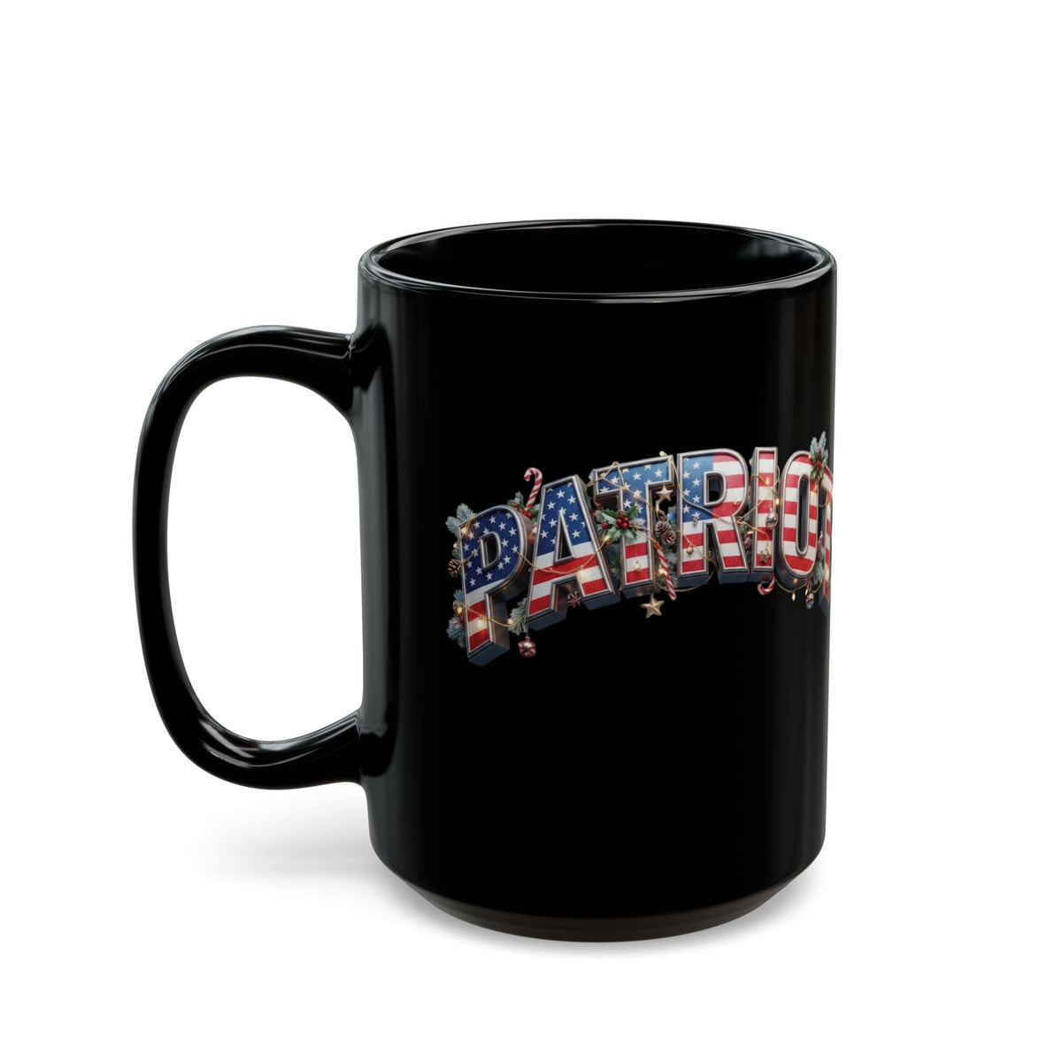 Patriot Christmas Black Coffee Mug - Flag Letters with Holly & Candy Canes | 11oz & 15oz