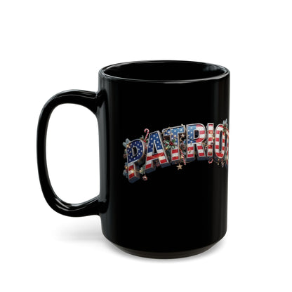 Patriot Christmas Black Coffee Mug - Flag Letters with Holly & Candy Canes | 11oz & 15oz