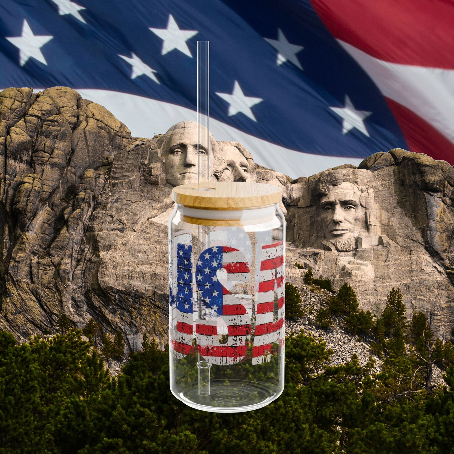 💥 USA Pride 💥 16 oz 💥 Clear 💥 Tempered 💥 Sipper Glass 💥Gasket-Push Bamboo Lid 💥