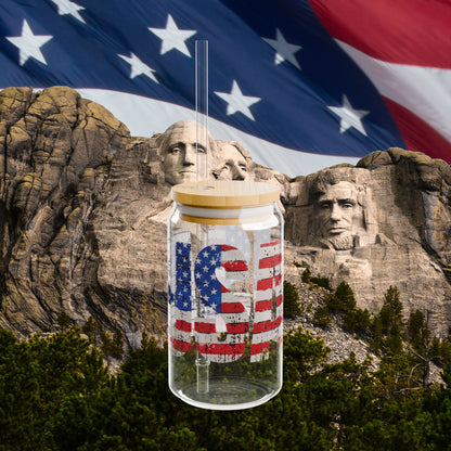 💥 USA Pride 💥 16 oz 💥 Clear 💥 Tempered 💥 Sipper Glass 💥Gasket-Push Bamboo Lid 💥