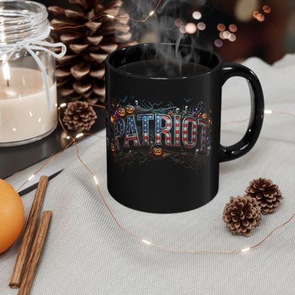 Patriot Halloween Black Coffee Mug - Skeleton Pumpkin Panoramic Flag Graphic | Spooky Edition | 11oz & 15oz