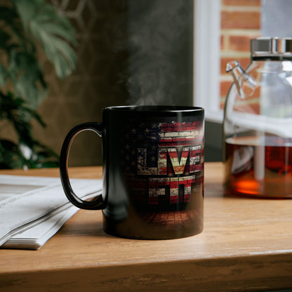 Patriotic Coffee Mug - LIVE FIT Black Ceramic Mug - USA Flag Backdrop Design - Gift for Fitness Enthusiasts - Independence Day - Home Office Decor - 11oz - 15oz -