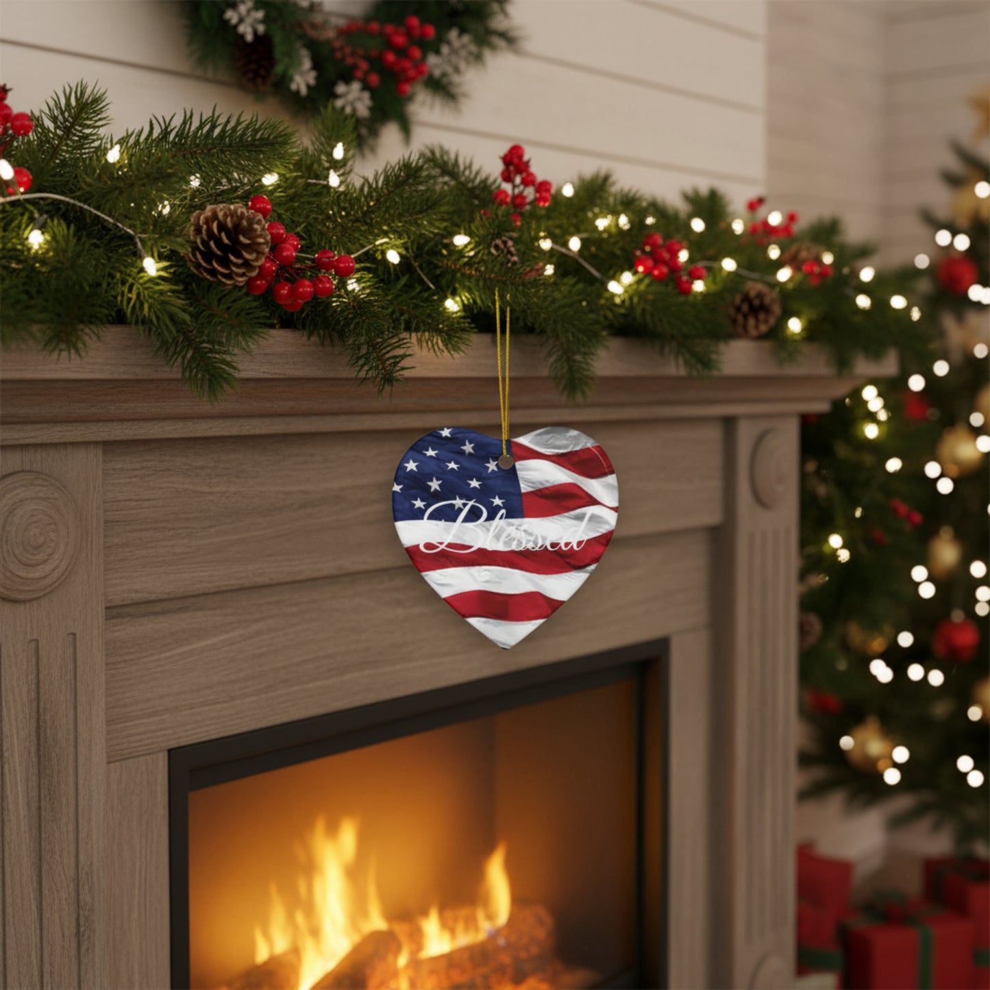 Ceramic Ornaments - White Blessed Print - American Flag Backdrop - Red White & Blue Design (1-10pcs)