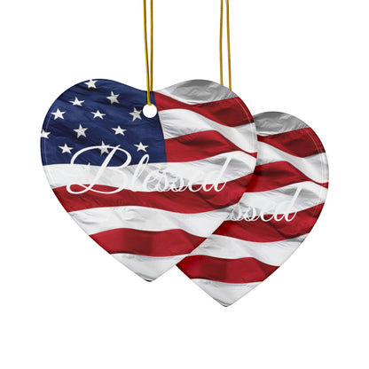 Ceramic Ornaments - White Blessed Print - American Flag Backdrop - Red White & Blue Design (1-10pcs)
