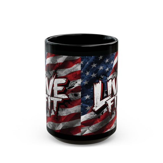 Stylish Black Ceramic Mug - LIVE FIT Design - American Flag Backdrop - Red White Blue