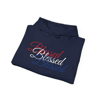Blessed Hoodie – Patriotic Red, White & Blue Unisex Pullover Sweatshirt with Front & Back Print – Cozy, Positive Vibes Gift