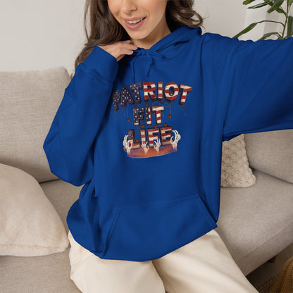 Halloween Patriot Fit Life Hoodie – American Flag Pumpkin Drip Graphic Pullover