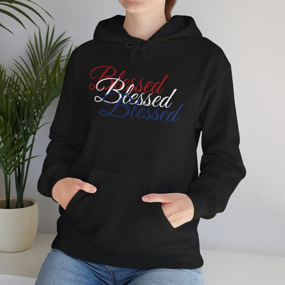 Blessed Hoodie – Patriotic Red, White & Blue Unisex Pullover Sweatshirt with Front & Back Print – Cozy, Positive Vibes Gift