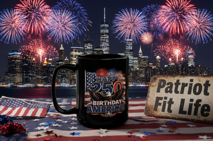 11oz/15oz Black Mug - Happy 250th Birthday America - Patriotic Eagle & Fireworks