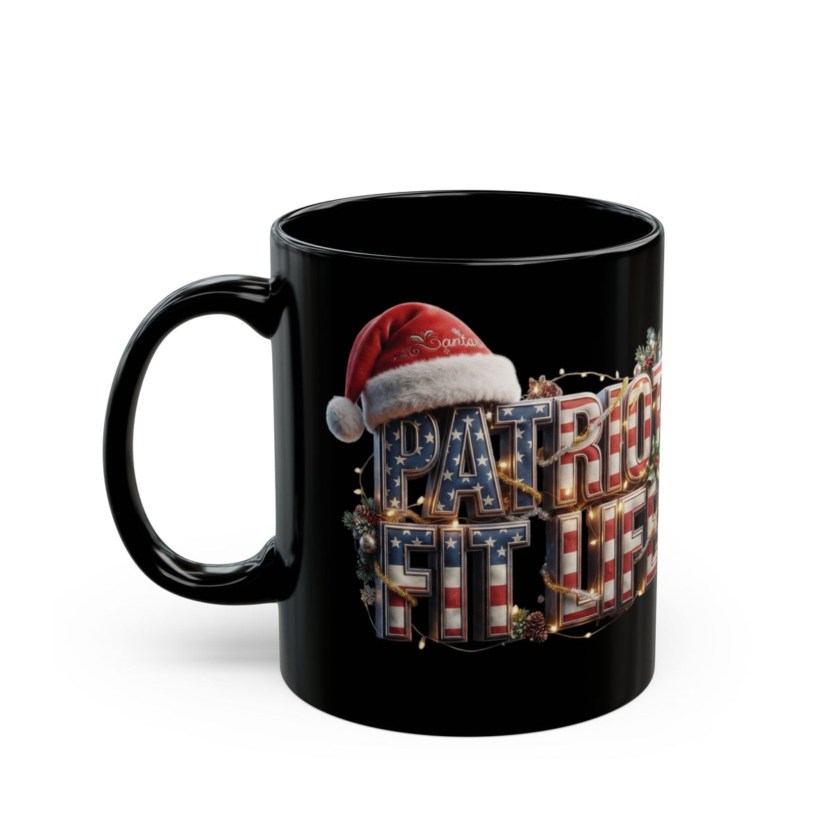 Patriot Fit Life Christmas Coffee Mug - Santa Hat Flag Lettering | 11oz & 15oz
