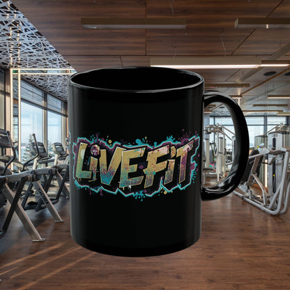 Fitness Motivational Mug - Live Fit Coffee Cup - Workout Gift -  Gym Drink-ware -  Black Mug for Fitness Enthusiasts - Christmas Gift