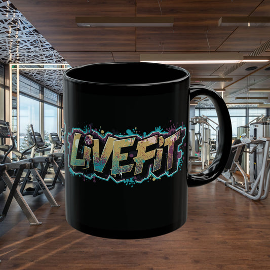 Fitness Motivational Mug - Live Fit Coffee Cup - Workout Gift -  Gym Drink-ware -  Black Mug for Fitness Enthusiasts - Christmas Gift