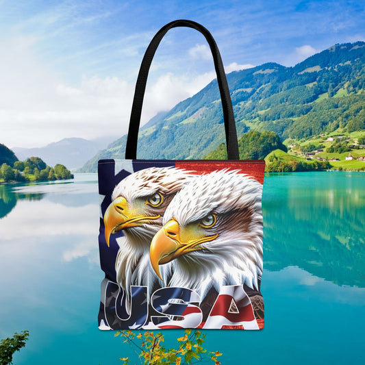 🇺🇸 Patriotic 🇺🇸 USA 🇺🇸 Bald Eagles 🇺🇸 Tote Bag 🇺🇸 All Over Print 🇺🇸 American Flag Design 🇺🇸 Five Different Handle Colors 🇺🇸 Red 🇺🇸 Navy 🇺🇸 Black 🇺🇸 Beige 🇺🇸 White