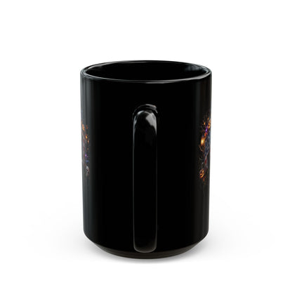 Patriot Halloween Black Coffee Mug - Skeleton Pumpkin Panoramic Flag Graphic | Spooky Edition | 11oz & 15oz