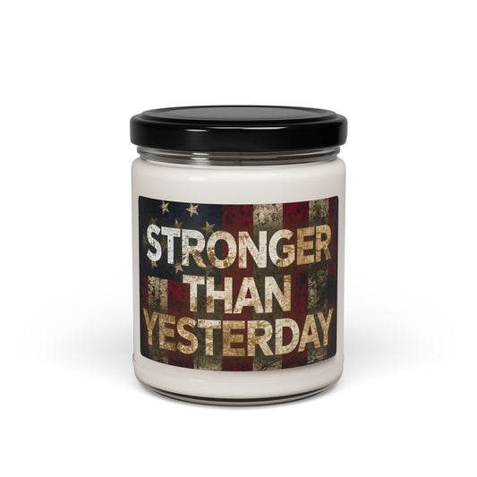 Scented Soy 9oz Candles - Stronger Than Yesterday Print - Vintage American Flag Background