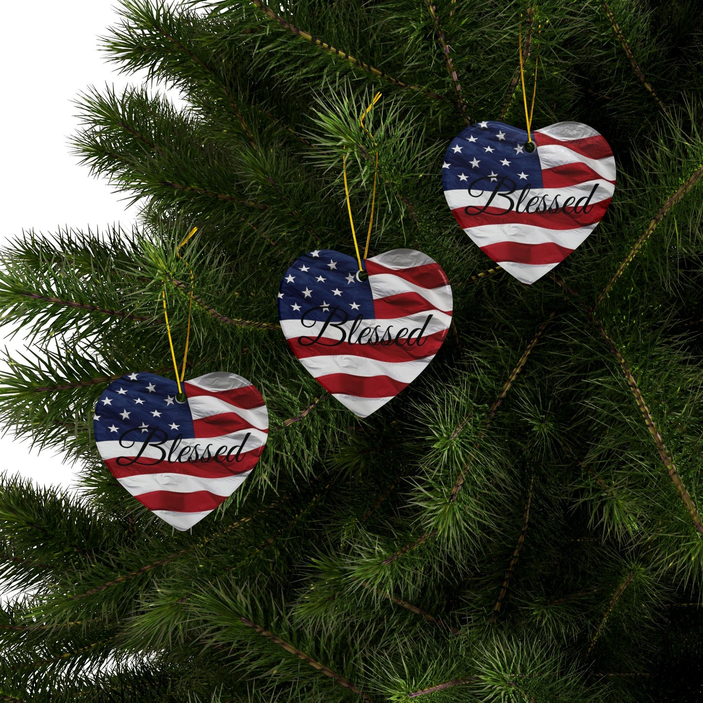 Ceramic Ornaments - Patriotic - Blessed Print - American Flag Backdrop - Red White & Blue