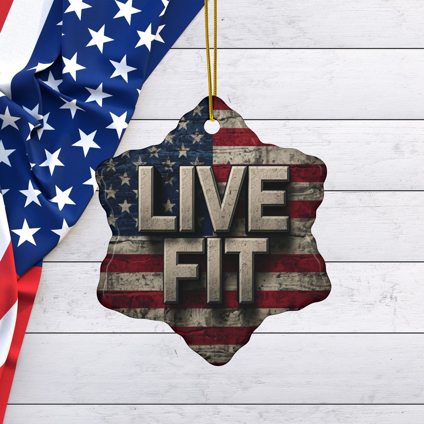 Stunning Patriotic Ceramic Ornaments - Live Fit - Vintage American Flag Backdrop - Decorative Holiday Decor (Various Packs 1-10) - Same Design Both Sides - Fitness