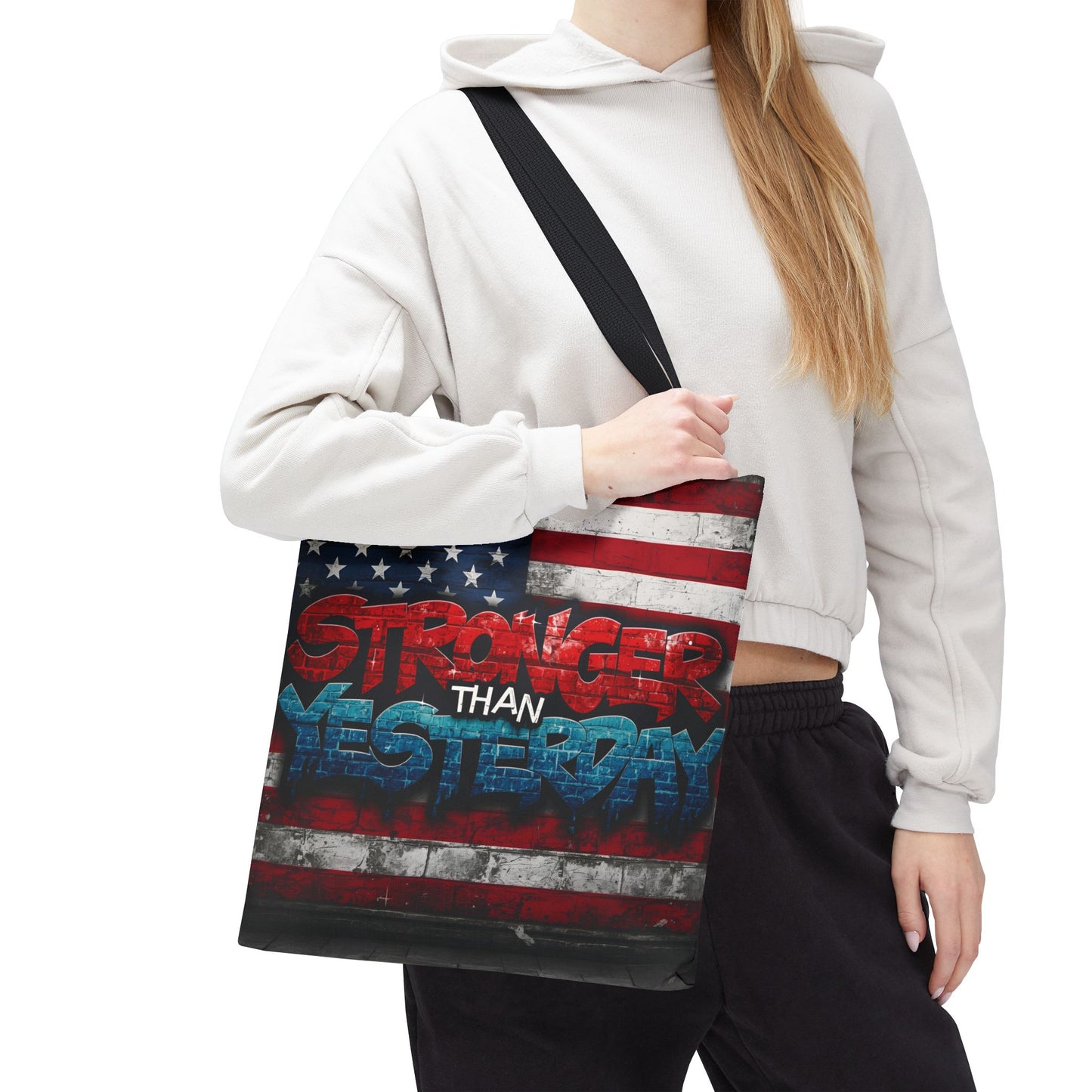 Patriotic Red White Blue Tote Bag - Stronger Than Yesterday - American Flag - Perfect for Fourth of July - Gym - Beach - Shopping - Gifts