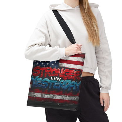 Patriotic Red White Blue Tote Bag - Stronger Than Yesterday - American Flag - Perfect for Fourth of July - Gym - Beach - Shopping - Gifts