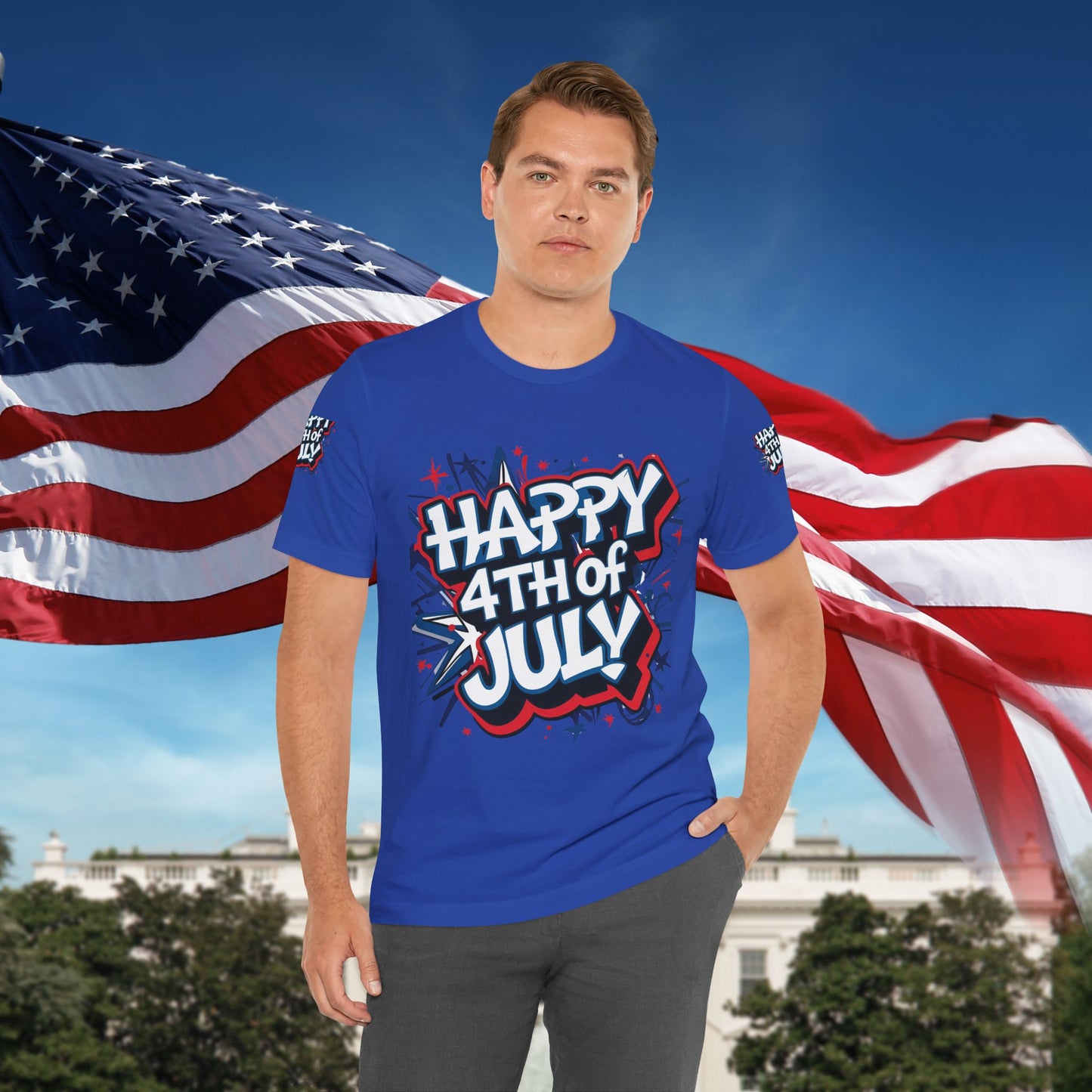 Happy 4th Of July Unisex Jersey Short Sleeve Tee, Independence Day T-Shirt, Patriotic Shirt, Red White Blue Tee, USA Celebration Top