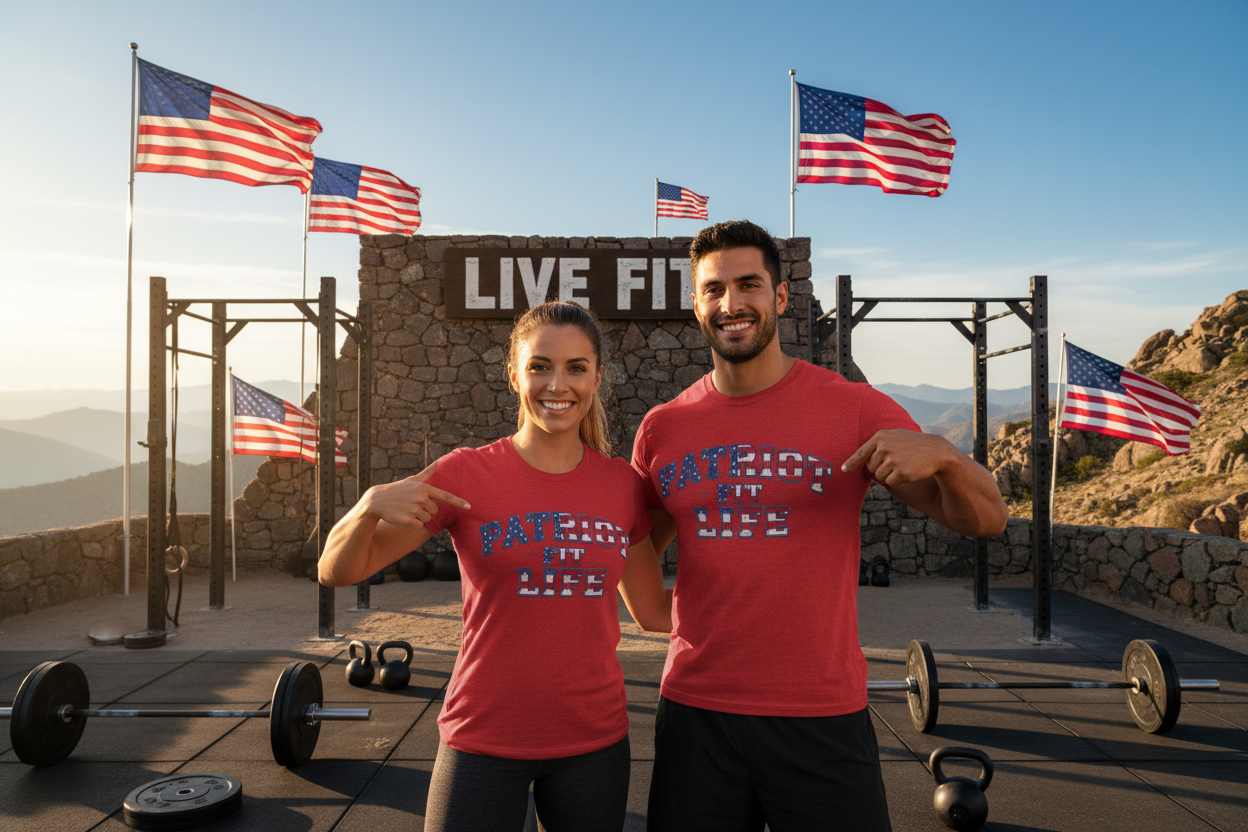Two people in red t-shirts with the words Patriot Fit Life and with a 'Live Fit' sign and American flags in the background.