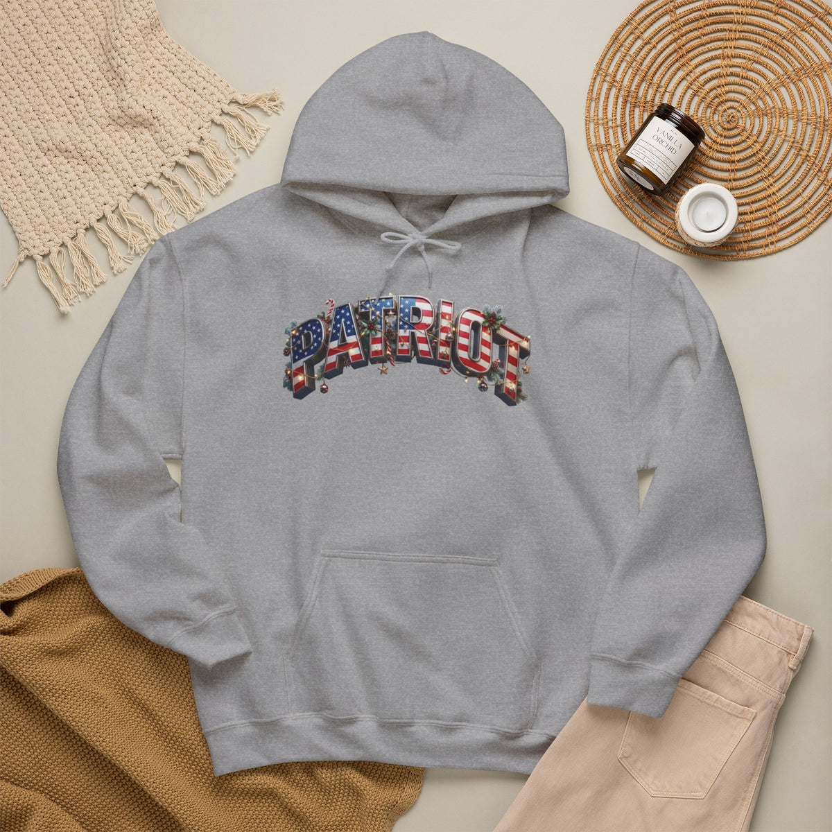 Patriot Christmas Hoodie - Flag Letters with Ornaments | Clean Minimal Graphic | Unisex S-5XL