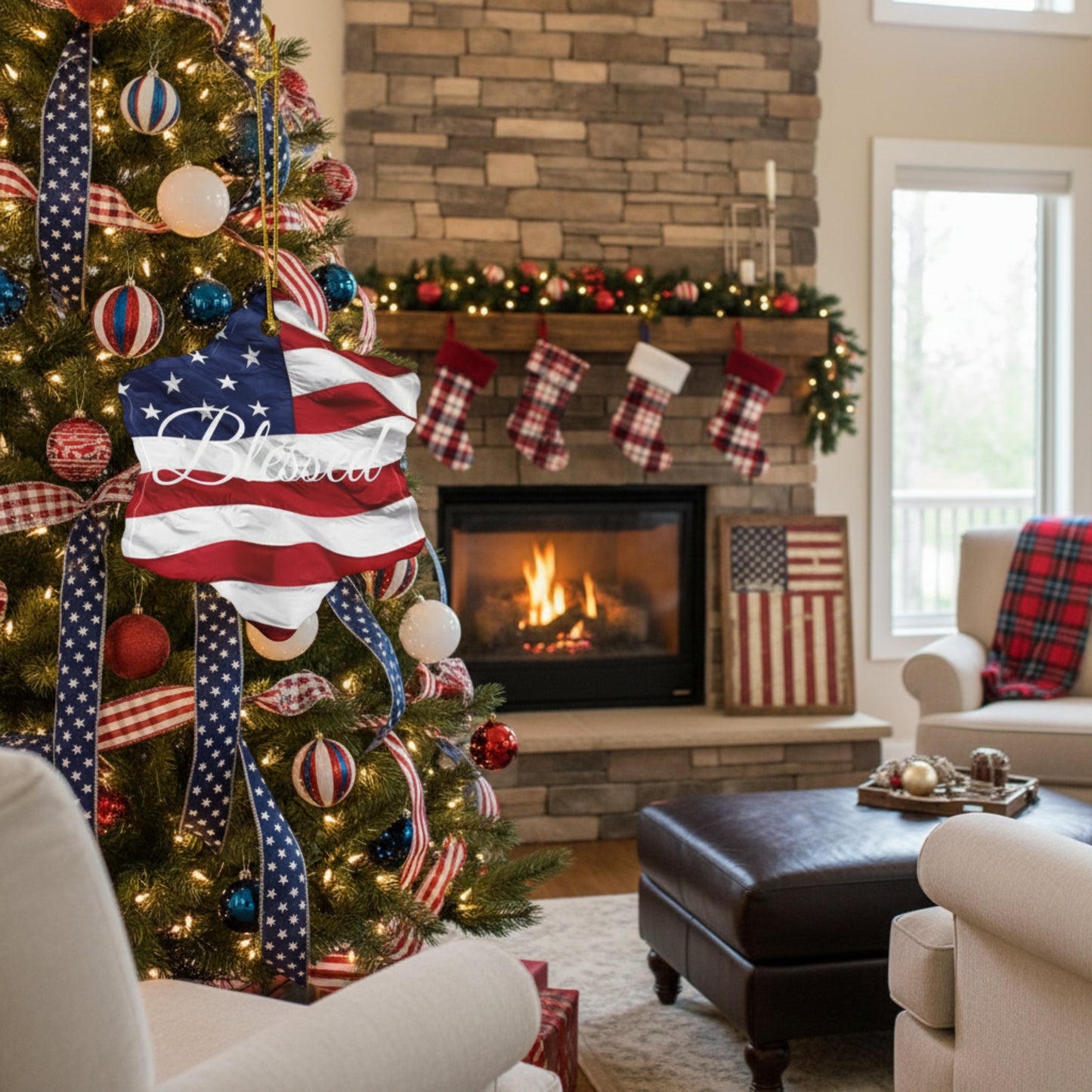 Ceramic Ornaments - White Blessed Print - American Flag Backdrop - Red White & Blue Design (1-10pcs)