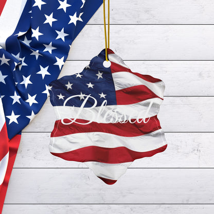 Ceramic Ornaments - White Blessed Print - American Flag Backdrop - Red White & Blue Design (1-10pcs)