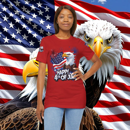 Happy 4th of July,  Print Design, Unisex T-Shirt, Patriotic Print Design, Independence Day Shirt, Red White Blue Shirt, USA Tee Gift, Gift For Her, Gift For Him, American Flag, Bald Eagle