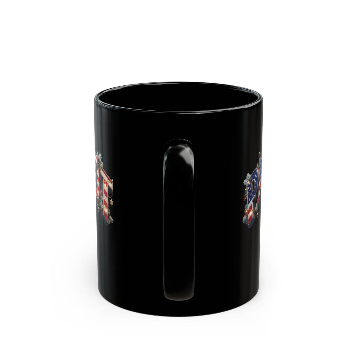 Patriot Christmas Black Coffee Mug - Flag Letters with Holly & Candy Canes | 11oz & 15oz