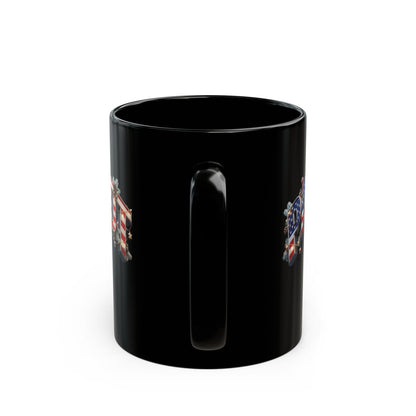 Patriot Christmas Black Coffee Mug - Flag Letters with Holly & Candy Canes | 11oz & 15oz