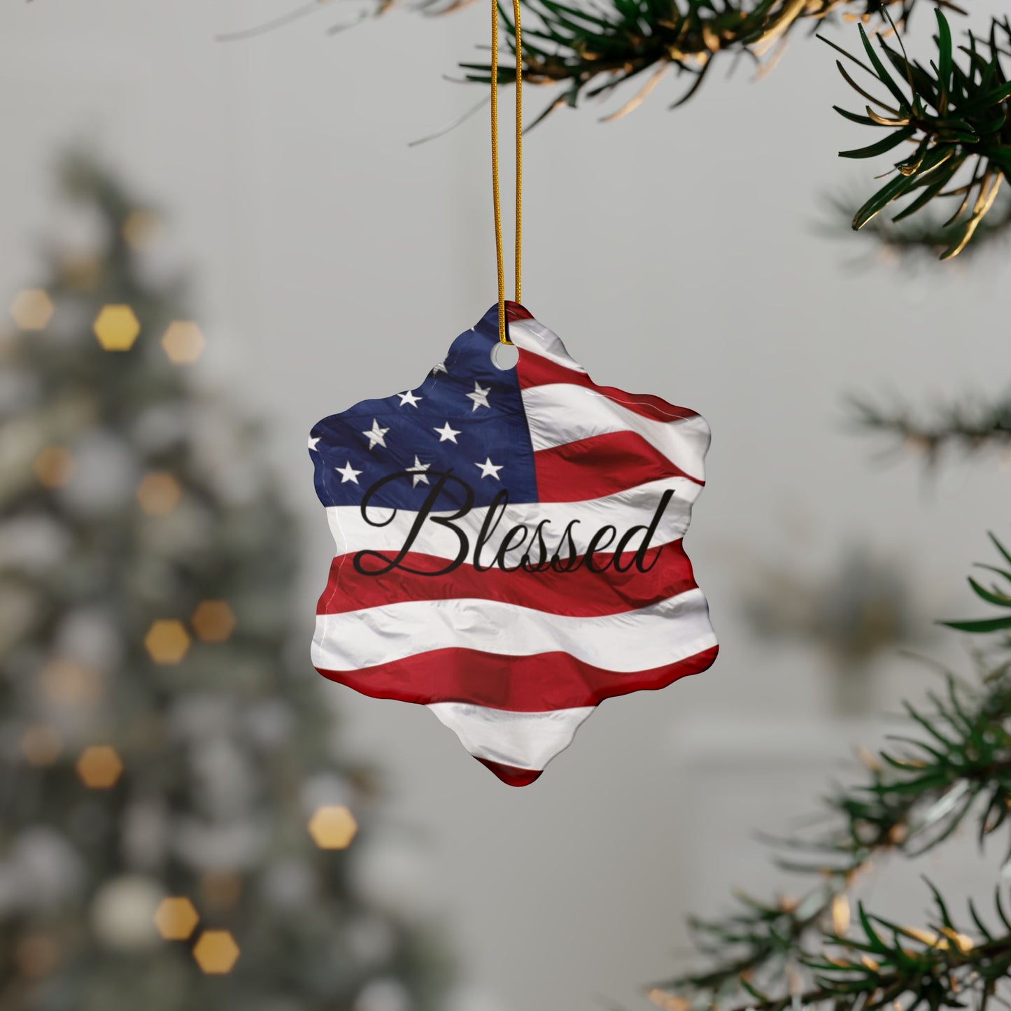 Ceramic Ornaments - Patriotic - Blessed Print - American Flag Backdrop - Red White & Blue