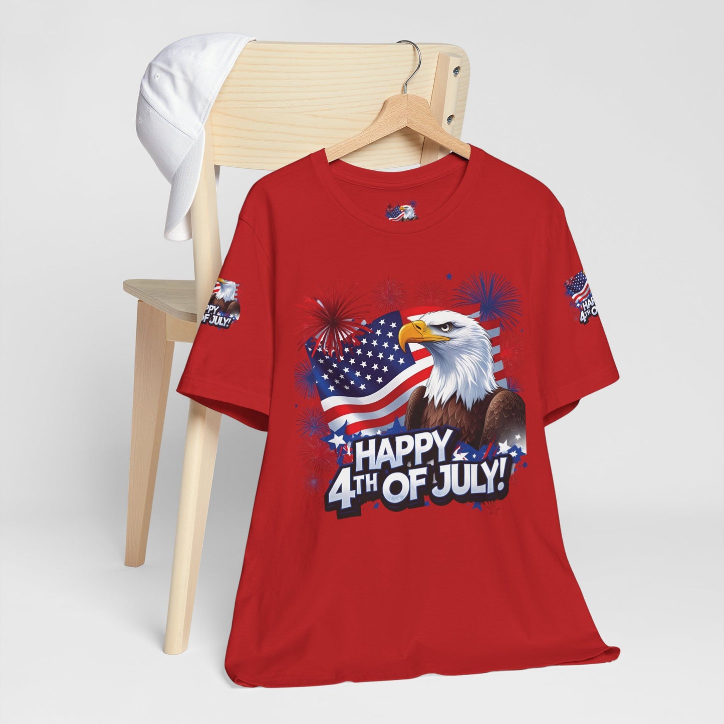 Happy 4th of July,  Print Design, Unisex T-Shirt, Patriotic Print Design, Independence Day Shirt, Red White Blue Shirt, USA Tee Gift, Gift For Her, Gift For Him, American Flag, Bald Eagle