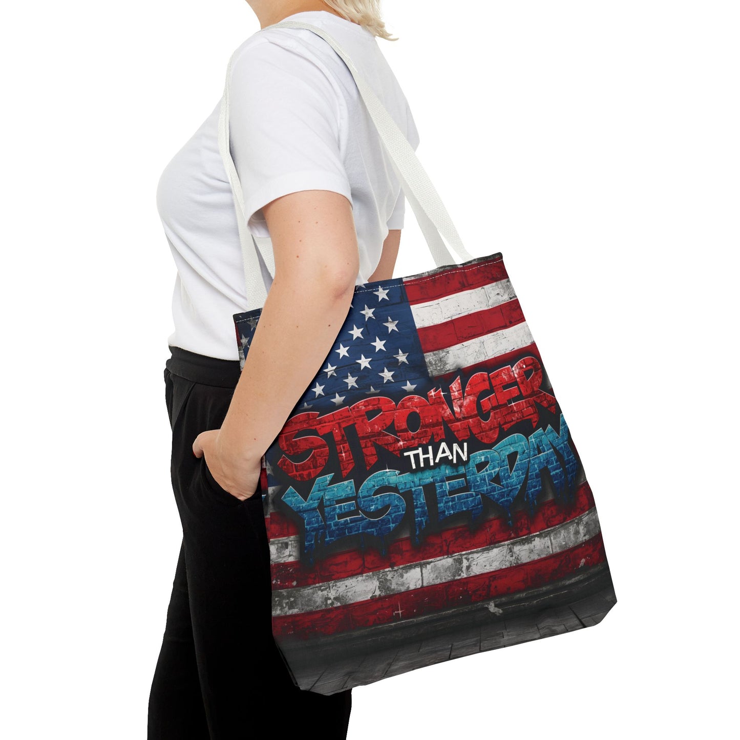 Patriotic Red White Blue Tote Bag - Stronger Than Yesterday - American Flag - Perfect for Fourth of July - Gym - Beach - Shopping - Gifts