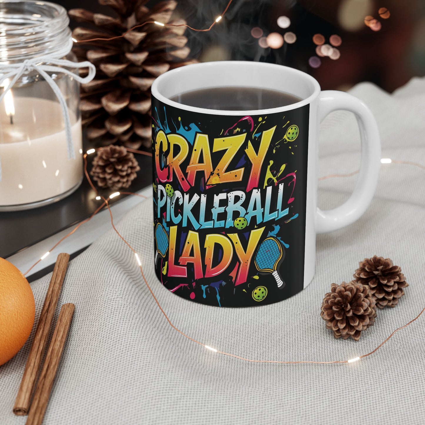 Colorful Crazy Pickleball Lady Mug, 11oz & 15oz, Fun Sports Gift for Pickleball Enthusiasts, Unique Ceramic Coffee Cup, Perfect for Birthdays