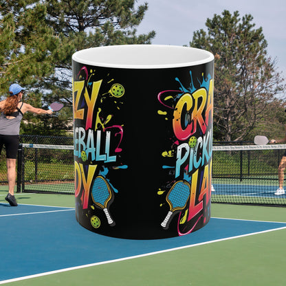 Colorful Crazy Pickleball Lady Mug, 11oz & 15oz, Fun Sports Gift for Pickleball Enthusiasts, Unique Ceramic Coffee Cup, Perfect for Birthdays